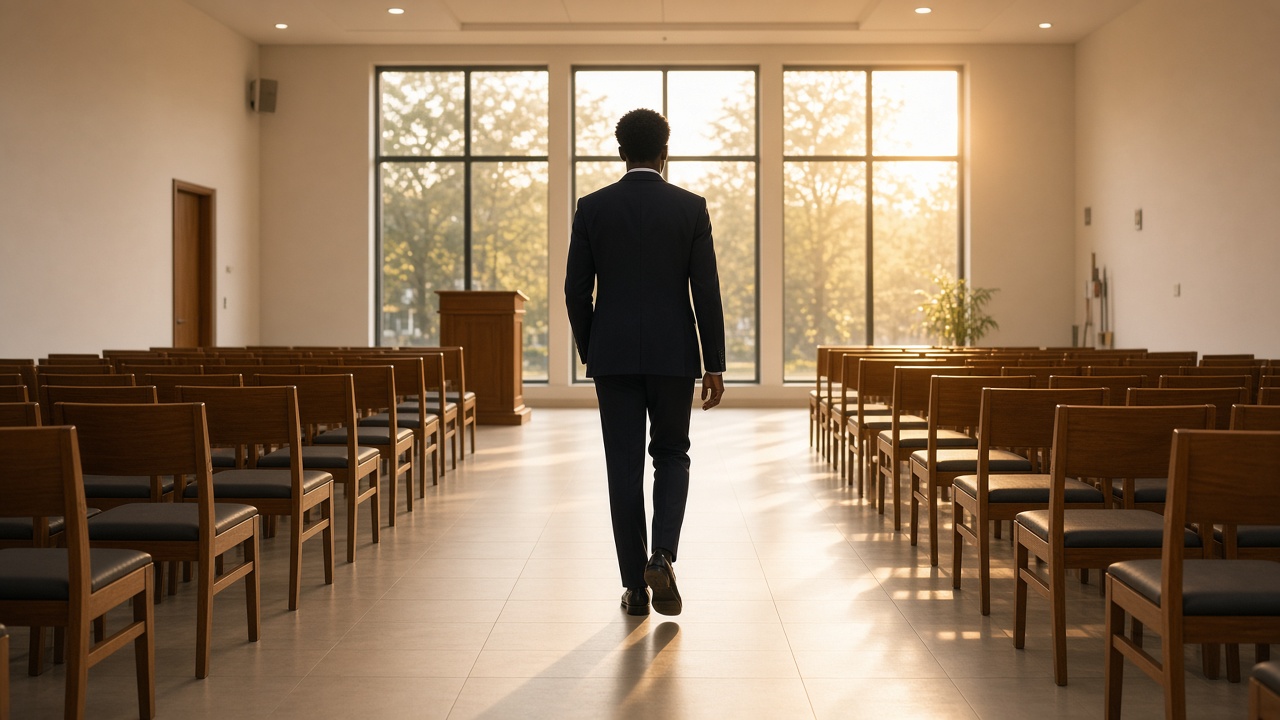 A seeker walking toward the light in the church hall